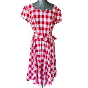 RETRO Cherry Red Gingham Check Cotton Dress Short Sleeve With Pockets XL